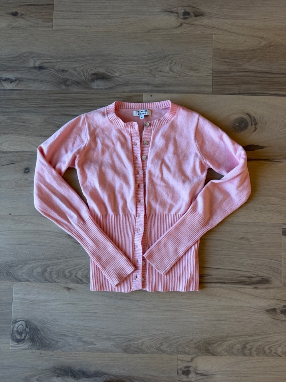 Frankie's Bikinis Pink Ribbed-Waist Button Cardigan